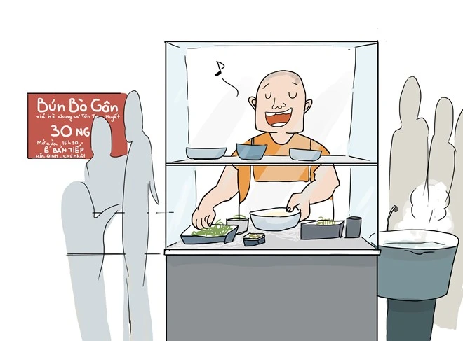 Từ quán bình dân ở vỉa hè, hàng bún gân bò ở quận 4, TP HCM trở nên nổi tiếng, được nhiều người biết đến bởi cách tiếp thị lạ. Chủ quán, anh Nguyễn Hoàng Anh Dũng, vốn là người hài hước, đã "sáng tác" những bảng quảng cáo về món ăn cùng nhiều nội quy "độc" để chọc cười khách. Marketing bún bò bằng bảng nội quy độc qua ảnh hí họa