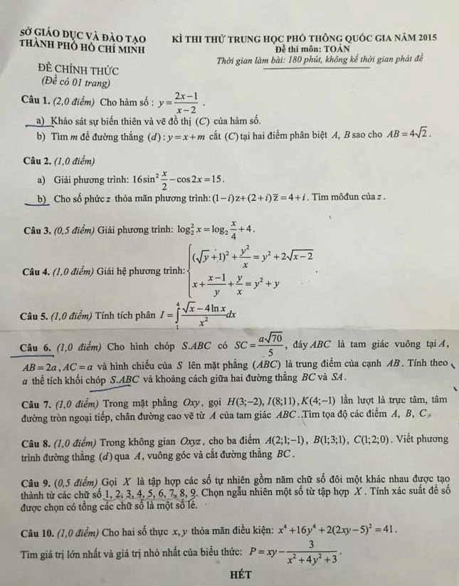 Đáp án, đề thi môn Toán và Anh văn kỳ thi thử THPT quốc gia ảnh 2 Đáp án, đề thi môn Toán và Anh văn kỳ thi thử THPT quốc gia ảnh 2