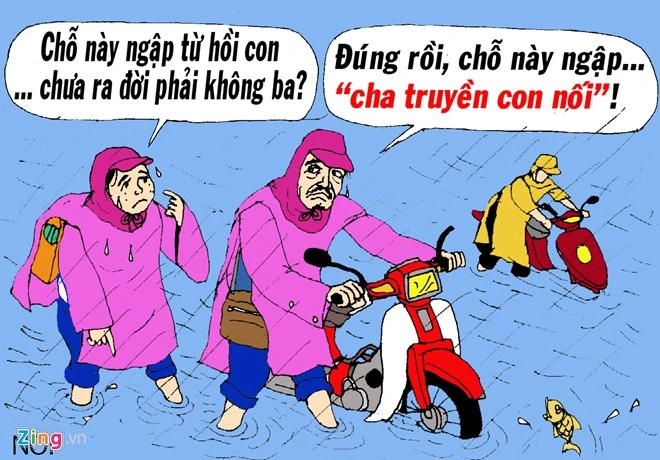 Do mưa ngập, gây kẹt xe vào giờ cao điểm, không thể chờ nước rút, nhiều phụ huynh dầm mưa dắt xe chết máy đưa con về nhà. Hí họa kẹt xe, ngập nước lịch sử ở Sài Gòn