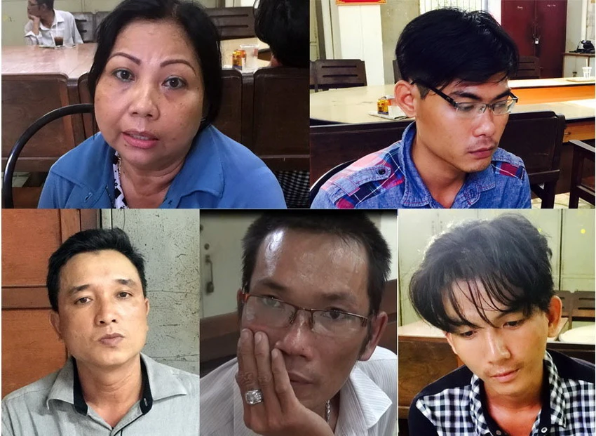 Bắt nhóm dàn cảnh cướp tài sản, kéo lê nạn nhân sau 5 giờ truy xét ảnh 1 Nhóm dàn cảnh đụng xe để cướp tài sản bị bắt. Từ trái qua: Thảo, Nhật, Lịch, Bảo và Minh