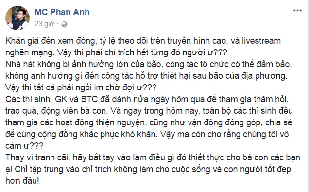 Tranh cãi kịch liệt chuyện vẫn thi hoa hậu sau bão ảnh 3 Dòng chia sẻ của MC Phan Anh trên trang cá nhân cũng gặp không ít chỉ tir1ch lẫn đồng tình của cư dân mạng!
