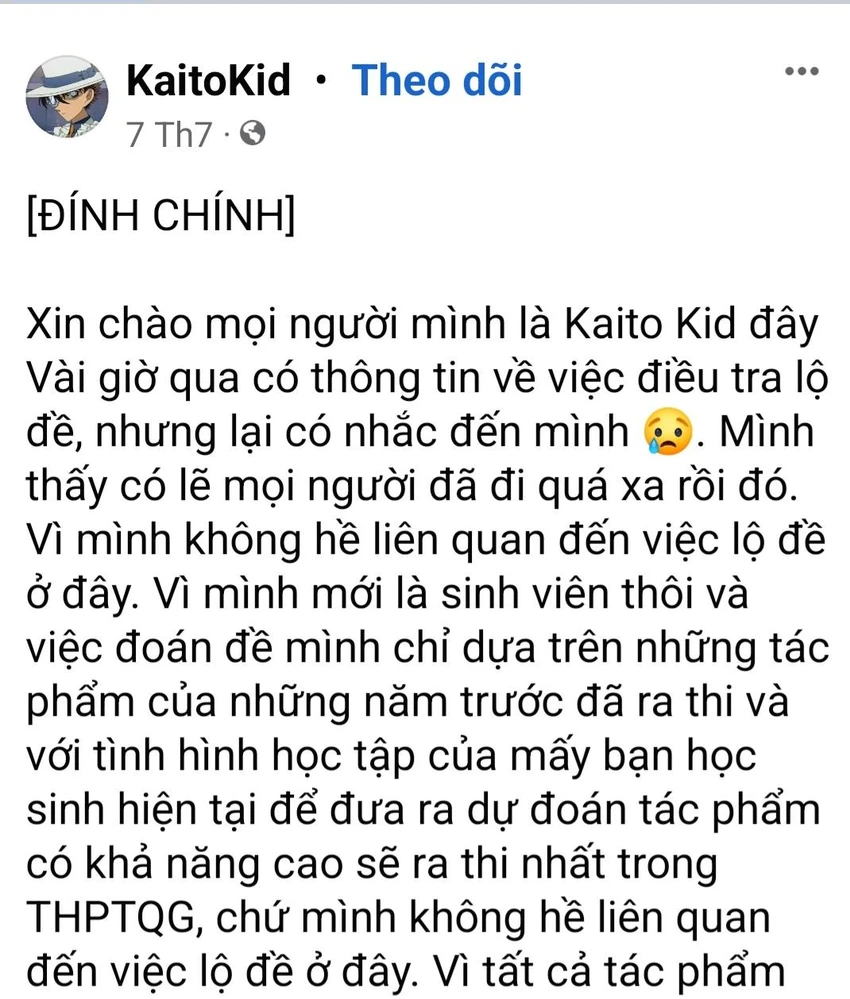 Ngay sau khi có thông tin lộ đề Văn, trang Kaito kid phải lên tiếng đính chính! Ngay sau khi có thông tin lộ đề Văn, trang Kaito kid phải lên tiếng đính chính!