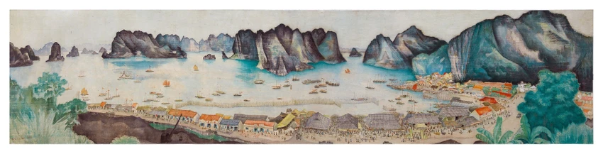 Tác phẩm "Vịnh Hạ Long và bến Hòn Gai" của họa sĩ Đào Đức (chất liệu Lụa, 1960). Ảnh: Bảo tàng Mỹ thuật Việt Nam Tác phẩm "Vịnh Hạ Long và bến Hòn Gai" của họa sĩ Đào Đức (chất liệu Lụa, 1960). Ảnh: Bảo tàng Mỹ thuật Việt Nam