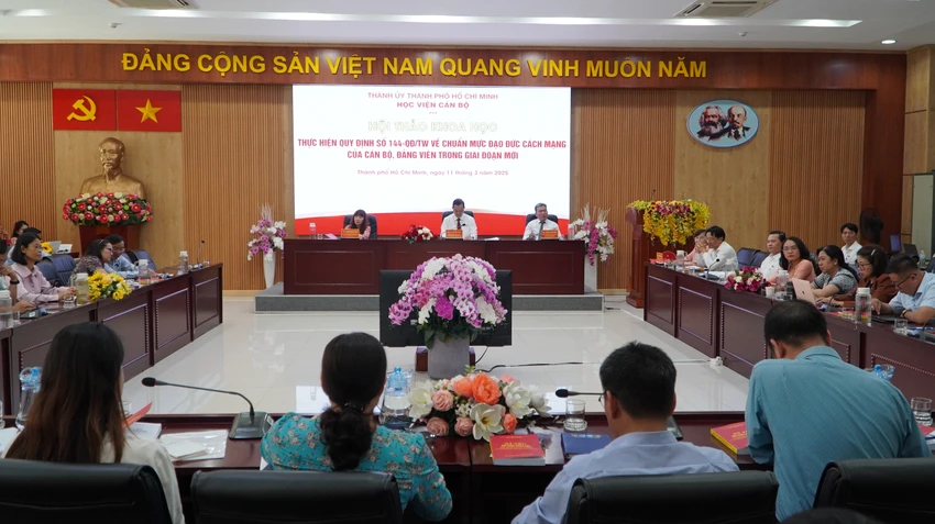 Hội thảo khoa học thực hiện quy định số 144 về chuẩn mực đạo đức cách mạng của cán bộ, đảng viên trong giai đoạn mới. Ảnh: THANH TUYỀN