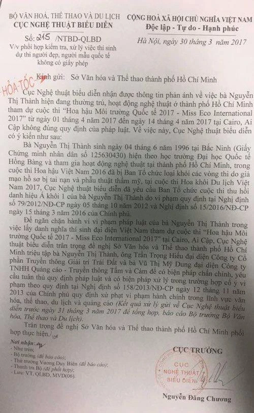 Công văn của Cục Nghệ thuật biểu diễn.