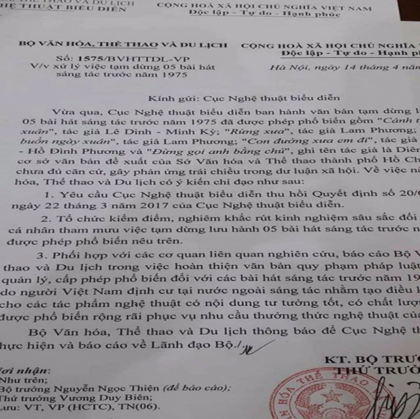 Công văn Bộ VHTT-DL yêu cầu Cục NTBD thu hồi quyết định tạm dừng lưu hành 5 bài hát sáng tác trước 1975.