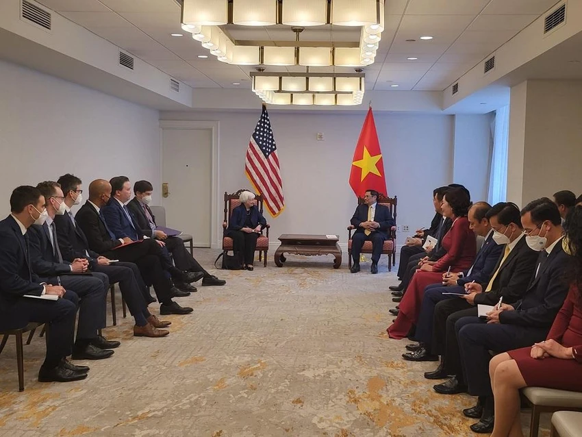 Thủ tướng Chính phủ Phạm Minh Chính tại buổi tiếp Bộ trưởng Tài chính Mỹ Janet Yellen. Ảnh: BNG Thủ tướng Chính phủ Phạm Minh Chính tại buổi tiếp Bộ trưởng Tài chính Mỹ Janet Yellen. Ảnh: BNG