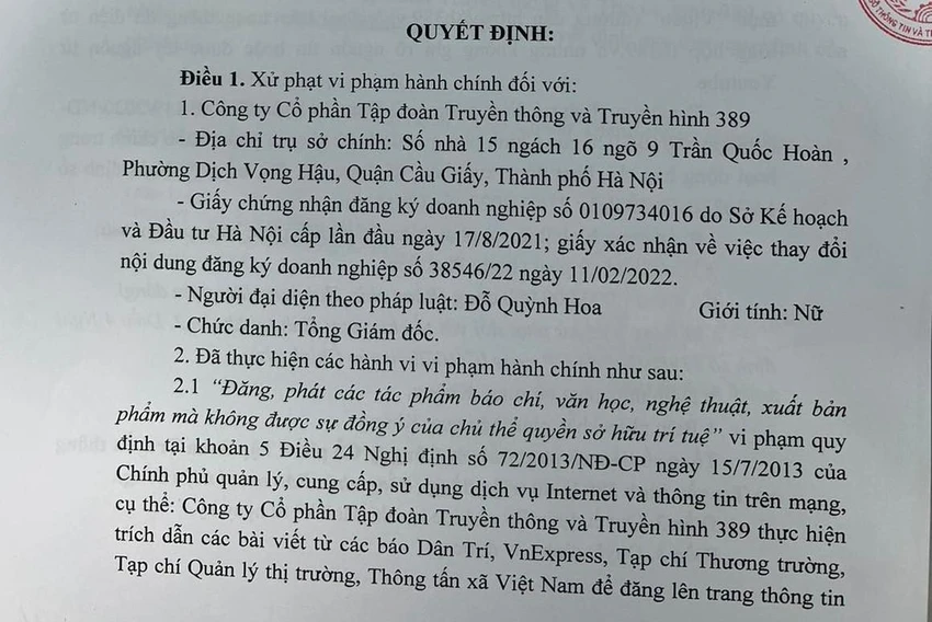 Quyết định xử phạt. Ảnh: TV