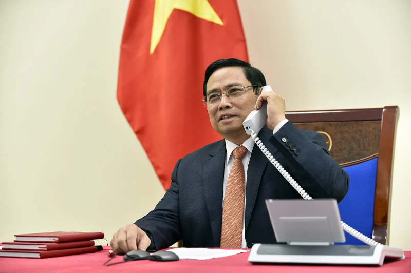 Thủ tướng Phạm Minh Chính tại cuộc điện đàm trước đó. Ảnh: VGP