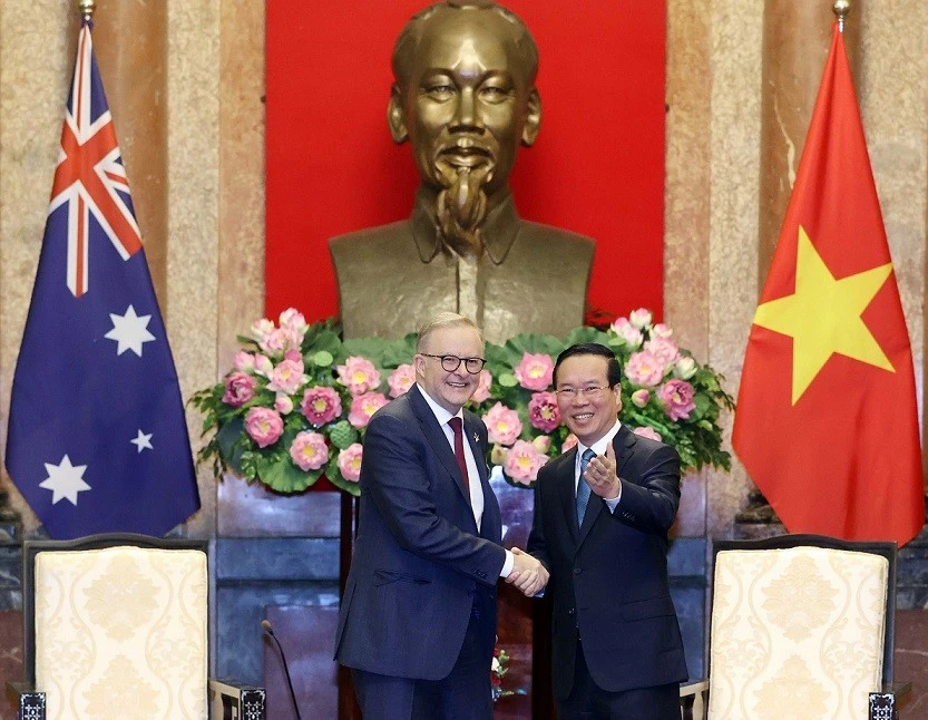 Chủ tịch nước Võ Văn Thưởng tiếp Thủ tướng Australia Anthony Albanese đang có chuyến thăm chính thức Việt Nam. Ảnh: TTXVN Chủ tịch nước Võ Văn Thưởng tiếp Thủ tướng Australia Anthony Albanese đang có chuyến thăm chính thức Việt Nam. Ảnh: TTXVN