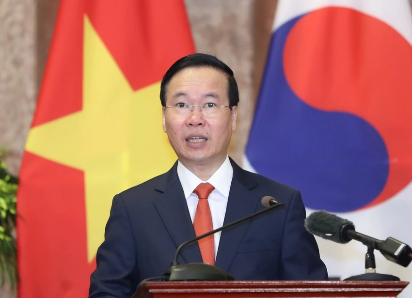 Chủ tịch nước Võ Văn Thưởng phát biểu tại họp báo chung. Chủ tịch nước Võ Văn Thưởng phát biểu tại họp báo chung.
