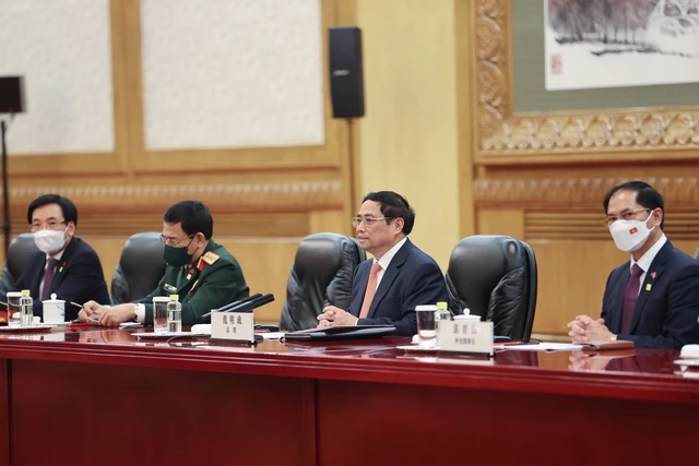 Thủ tướng Chính phủ Phạm Minh Chính và Đoàn đại biểu cấp cao Việt Nam dự hội đàm. Ảnh: VGP Thủ tướng Chính phủ Phạm Minh Chính và Đoàn đại biểu cấp cao Việt Nam dự hội đàm. Ảnh: VGP