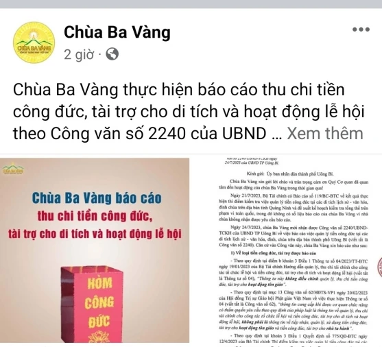 Chùa Ba Vàng công bố báo cáo thu chi tiền công đức, tài trợ.