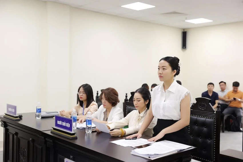 Đại diện công ty VIETART trình bày tại phiên toà. Ảnh: HOÀ NGUYỄN.