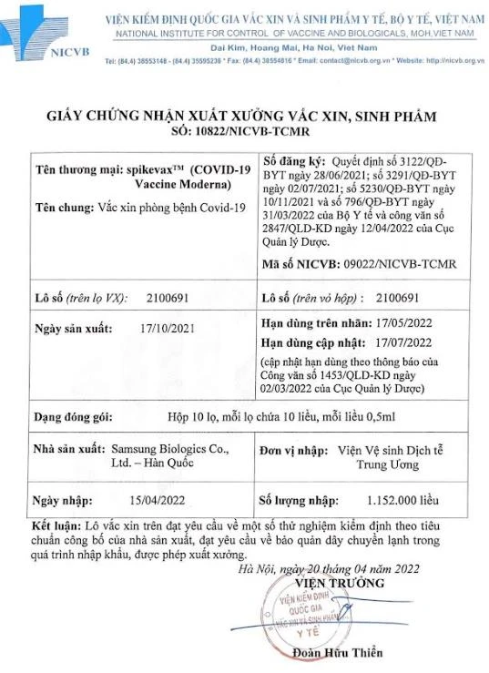 Hạn dùng lô vắc xin đã được cập nhật tại Giấy chứng nhận xuất xưởng vắc xin, sinh phẩm của Viện Kiểm định Quốc gia vắc xin và sinh phẩm y tế - Bộ Y tế ngày 20-4-2022
