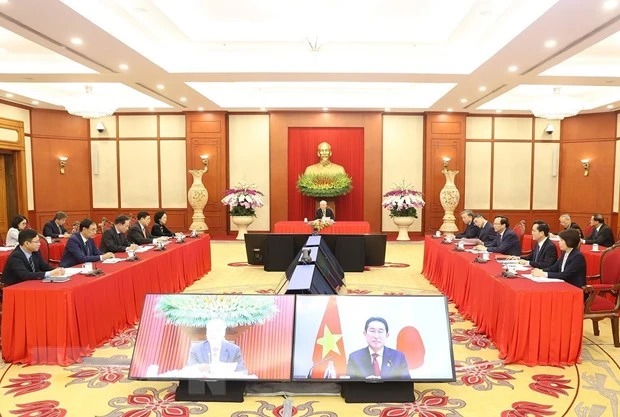 Tổng Bí thư Nguyễn Phú Trọng điện đàm với Chủ tịch Đảng Dân chủ Tự do (LDP), Thủ tướng Nhật Bản Kishida Fumio. (Ảnh: Trí Dũng/TTXVN) Tổng Bí thư Nguyễn Phú Trọng điện đàm với Chủ tịch Đảng Dân chủ Tự do (LDP), Thủ tướng Nhật Bản Kishida Fumio. (Ảnh: Trí Dũng/TTXVN)