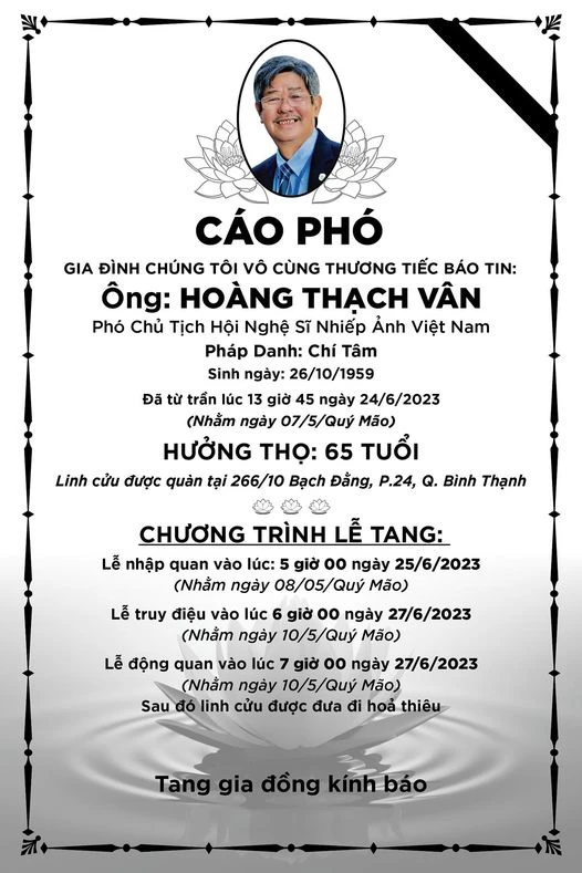 Cáo phó tang lễ Nghệ sĩ nhiếp ảnh Hoàng Thạch Vân Cáo phó tang lễ Nghệ sĩ nhiếp ảnh Hoàng Thạch Vân