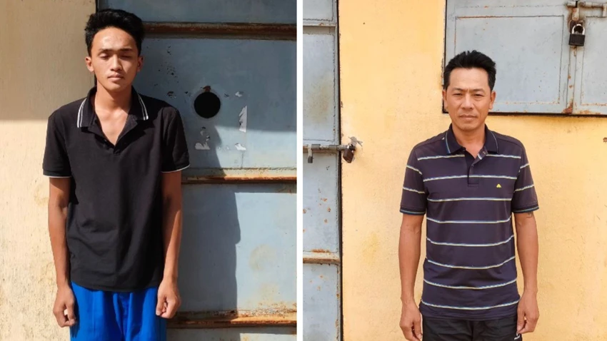 Hoàn Xuyến (phải) và con trai bị công an bắt giữ. Ảnh: VT Hoàn Xuyến (phải) và con trai bị công an bắt giữ. Ảnh: VT
