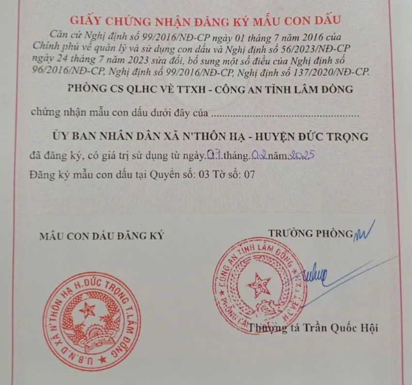 UBND xã N’Thôn Hạ đã có con dấu