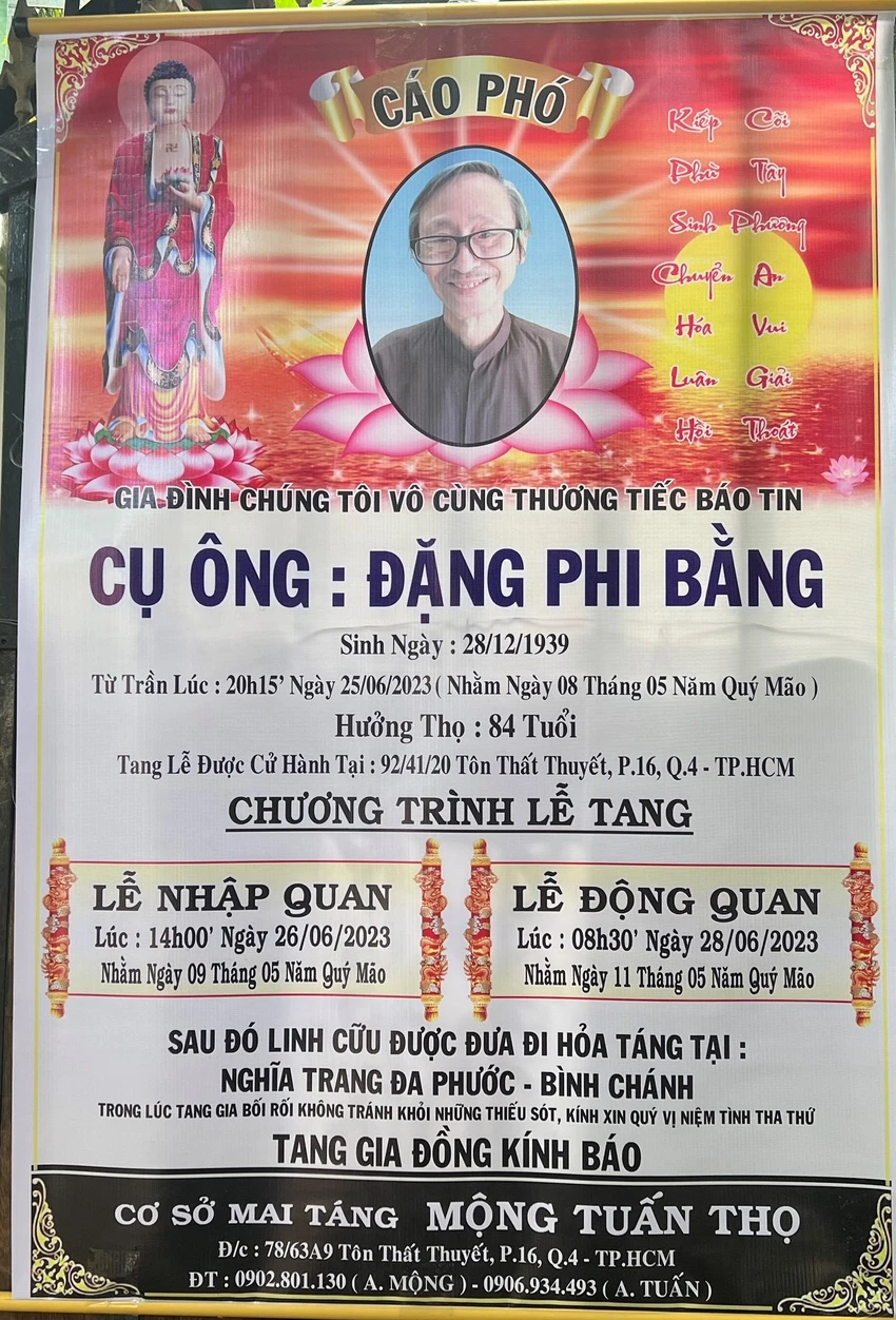 Linh cửu dịch giả Đặng Phi Bằng sẽ được hỏa táng tại nghĩa trang Đa Phước (huyện Bình Chánh, TP.HCM) vào 8h30 ngày 28-6. Ảnh: QUỐC HƯƠNG