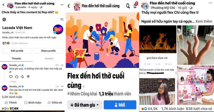 Nhóm Facebook Flex đến hơi thở cuối cùng thu hút hơn 1,3 triệu thành viên. Không chỉ có Gen Z, các nhãn hàng bán lẻ, doanh nghiệp lớn, ca sĩ, cầu thủ, nhân vật nổi tiếng cũng tranh thủ tham gia. Ảnh: CHỤP MÀN HÌNH. Nhóm Facebook Flex đến hơi thở cuối cùng thu hút hơn 1,3 triệu thành viên. Không chỉ có Gen Z, các nhãn hàng bán lẻ, doanh nghiệp lớn, ca sĩ, cầu thủ, nhân vật nổi tiếng cũng tranh thủ tham gia. Ảnh: CHỤP MÀN HÌNH.