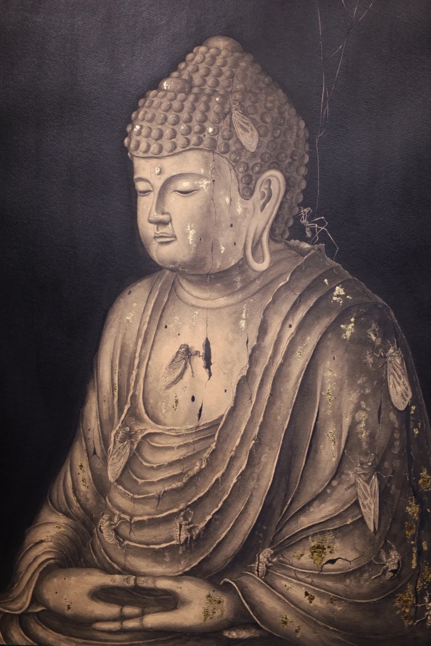 Tác phẩm “Phật Trùng” minh họa cho bài thơ: “Côn trùng kêu vang/bên trong tượng Phật/ngôi chùa bỏ hoang’. Ảnh: QUỐC HƯƠNG. Tác phẩm “Phật Trùng” minh họa cho bài thơ: “Côn trùng kêu vang/bên trong tượng Phật/ngôi chùa bỏ hoang’. Ảnh: QUỐC HƯƠNG.