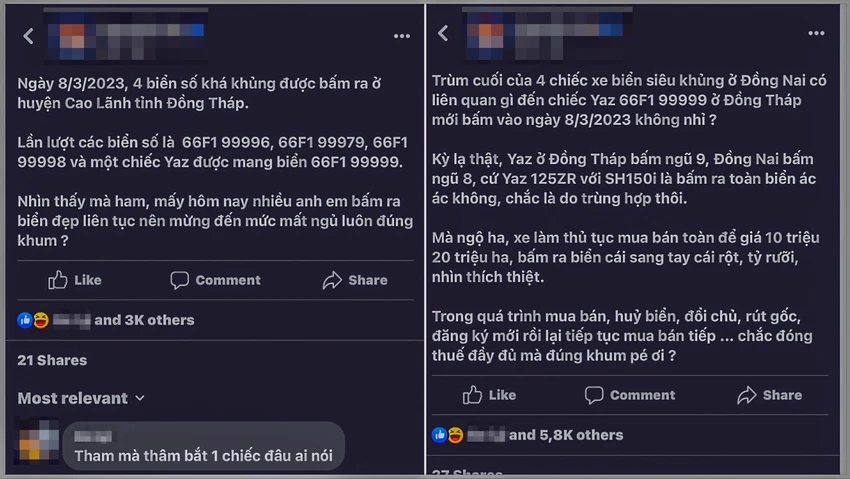 Một tài khoản Facebook đăng tải thông tin nhiều biển số xe đẹp vừa được bấm ở huyện Cao Lãnh, tỉnh Đồng Tháp. Ảnh chụp màn hình. Một tài khoản Facebook đăng tải thông tin nhiều biển số xe đẹp vừa được bấm ở huyện Cao Lãnh, tỉnh Đồng Tháp. Ảnh chụp màn hình.