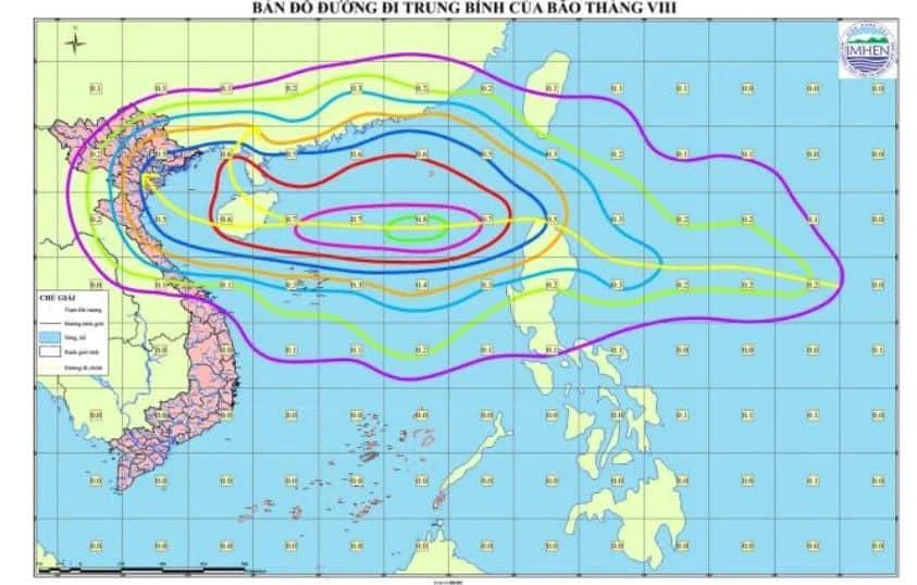 Bản đồ đường đi trung bình của bão tháng 8. Nguồn: Trung tâm KTTVQG Bản đồ đường đi trung bình của bão tháng 8. Nguồn: Trung tâm KTTVQG