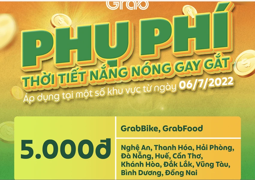 Grab đã thông báo áp dụng “phụ phí nắng nóng” từ ngày 6-7. Ảnh chụp màn hình: ĐT Grab đã thông báo áp dụng “phụ phí nắng nóng” từ ngày 6-7. Ảnh chụp màn hình: ĐT