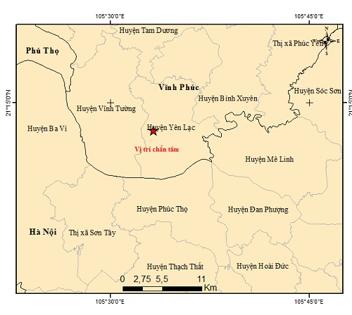 Bản đồ chấn tâm động đất ở huyện Yên Lạc, Vĩnh Phúc. Ảnh: Viện Vật lý địa cầu