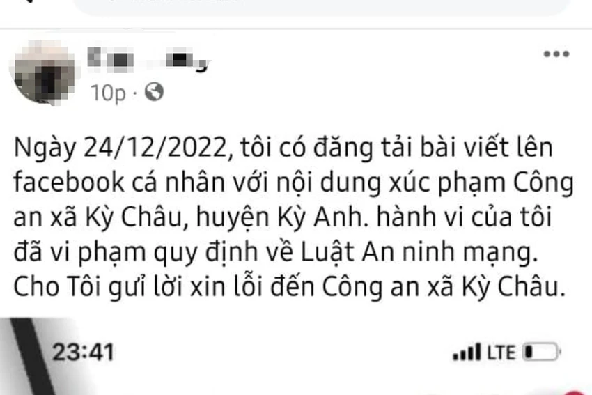 PVĐ lên Facebook cá nhân viết xin lỗi. Ảnh chụp màn hình.