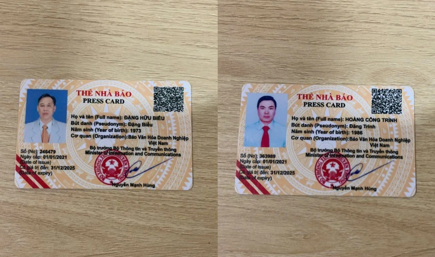 Thẻ nhà báo giả﻿ mang tên Biểu và Trình. Ảnh: CA.