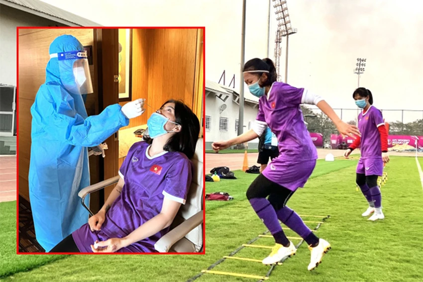 Các nữ tuyển thủ Việt Nam tại Asian Cup mỗi ngày đều test COVID-19 và có ngày chỉ có ba cầu thủ âm tính tập luyện được ngoài sân. Ảnh: BHL Các nữ tuyển thủ Việt Nam tại Asian Cup mỗi ngày đều test COVID-19 và có ngày chỉ có ba cầu thủ âm tính tập luyện được ngoài sân. Ảnh: BHL