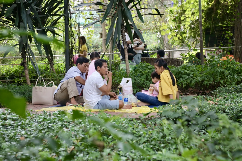 Nhiều gia đình tranh thủ mang theo tấm thảm, đồ ăn ngồi nghỉ trưa tránh nắng. Ảnh: BẢO PHƯƠNG Nhiều gia đình tranh thủ mang theo tấm thảm, đồ ăn ngồi nghỉ trưa tránh nắng. Ảnh: BẢO PHƯƠNG