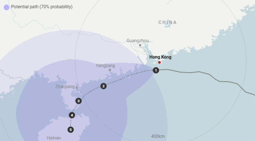 Siêu bão Saola dần rời Hong Kong (TQ) và chuyển hướng về vùng biển phía nam. Ảnh: SCMP