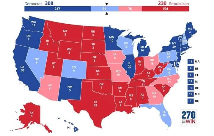 TS Matthew dự báo bà Clinton thắng 308 phiếu đại cử tri (màu xanh).