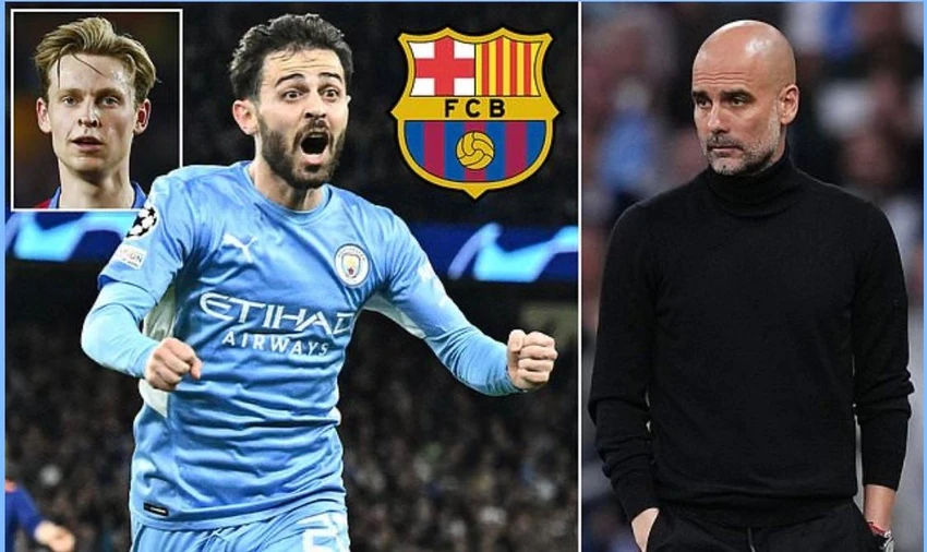 Pep Guardiola không muốn để học trò cưng ra đi, trong khi Barca phải bán de Jong mới có tiền chiêu mộ Bernardo Silva. Ảnh: CGI.