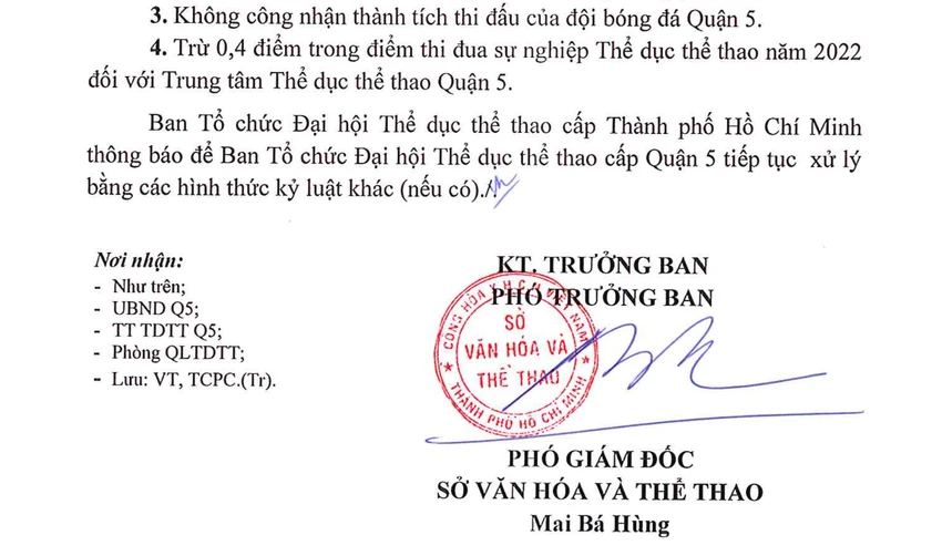 Văn bản kỷ luật đội bóng đá Quận 5 vi phạm Điều lệ giải. Văn bản kỷ luật đội bóng đá Quận 5 vi phạm Điều lệ giải.