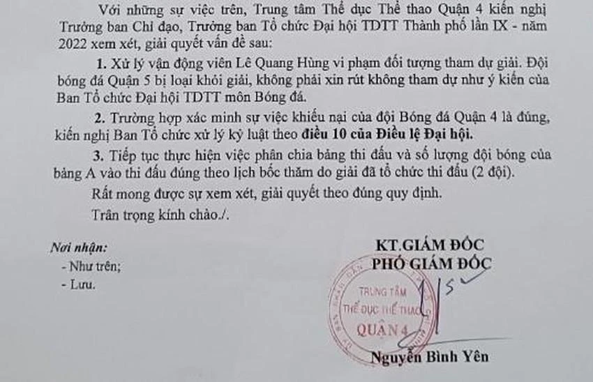 Đơn kiến nghị xử lý gian lận trong thi đấu Đại hội TDTT của đơn vị Quận 4. Đơn kiến nghị xử lý gian lận trong thi đấu Đại hội TDTT của đơn vị Quận 4.