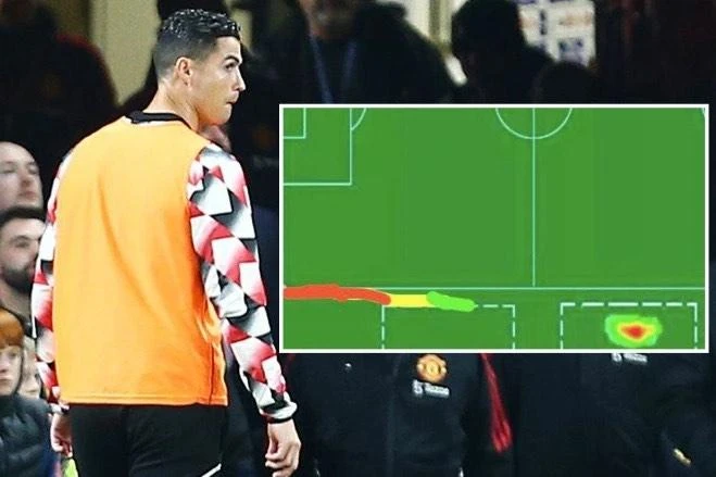 Bản đồ nhiệt của CĐV tả cảnh Ronaldo chỉ hoạt động ngoài đường biên và trong đường hầm. Ảnh: GETTY. Bản đồ nhiệt của CĐV tả cảnh Ronaldo chỉ hoạt động ngoài đường biên và trong đường hầm. Ảnh: GETTY.