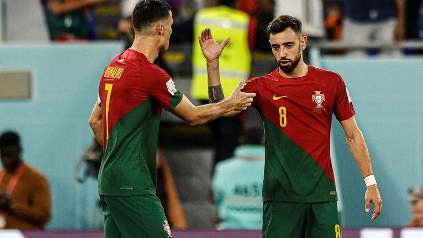 Ronaldo và Bruno chia vui sau bàn mở điểm vào lưới Uruguay. Ảnh: GETTY. Ronaldo và Bruno chia vui sau bàn mở điểm vào lưới Uruguay. Ảnh: GETTY.