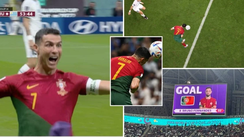Trong lúc Ronaldo điên cuồng ăn mừng bàn thắng thì bảng điện tử hiện tên tác giả Bruno. Ảnh: GETTY.