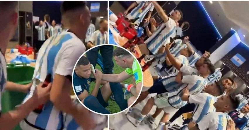 Thủ môn Emiliano Martinez an ủi Mbappe sau trận đấu nhưng sau đó anh và đồng đội chế giễu tiền đạo người Pháp khi ăn mừng trong phòng thay đồ. Ảnh: GETTY. Thủ môn Emiliano Martinez an ủi Mbappe sau trận đấu nhưng sau đó anh và đồng đội chế giễu tiền đạo người Pháp khi ăn mừng trong phòng thay đồ. Ảnh: GETTY.