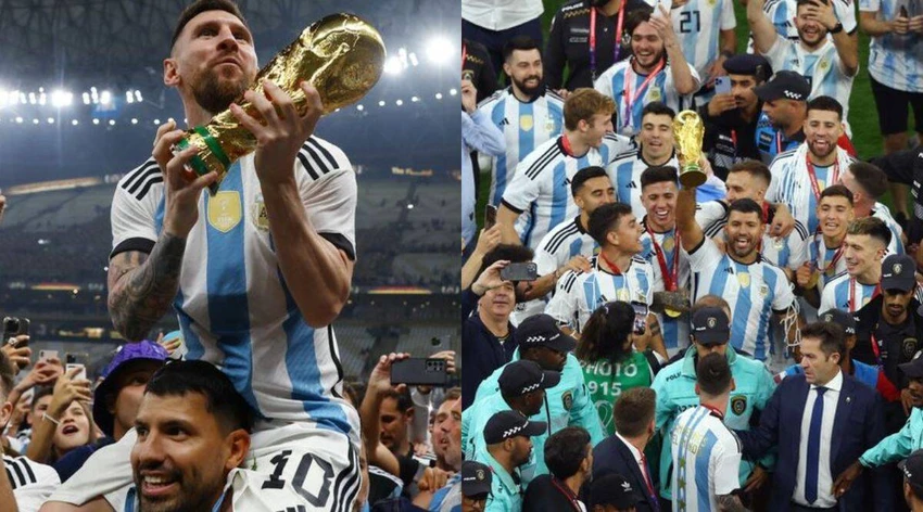 Aguero đã đặt người bạn của mình trên vai ăn mừng trong đám đông hỗn loạn. Ảnh: GETTY. Aguero đã đặt người bạn của mình trên vai ăn mừng trong đám đông hỗn loạn. Ảnh: GETTY.