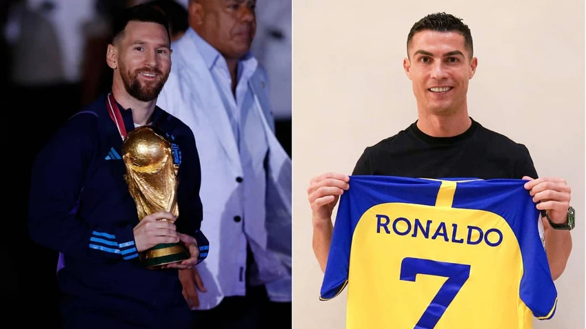 Messi vừa vô địch thế giới và đang chơi cho đội bóng lớn nước Pháp trong khi đại đối thủ của anh đã sang châu Á khoác áo CLB Al Nassr của Saudi Arabia. Ảnh: GETTY. Messi vừa vô địch thế giới và đang chơi cho đội bóng lớn nước Pháp trong khi đại đối thủ của anh đã sang châu Á khoác áo CLB Al Nassr của Saudi Arabia. Ảnh: GETTY.