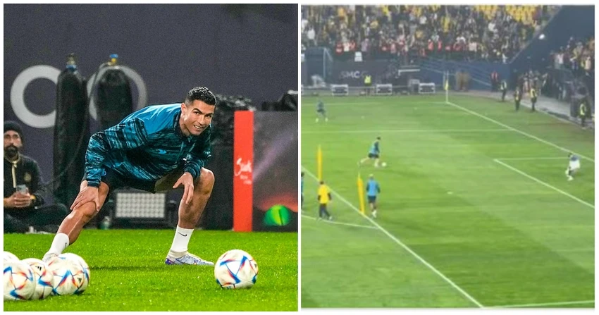 Cựu ngôi sao của Man United có buổi tập đầu tiên với Nassr và tung một cú sút búa bổ thành bàn bằng chân trái đẹp mắt. Ảnh: GETTY. Cựu ngôi sao của Man United có buổi tập đầu tiên với Nassr và tung một cú sút búa bổ thành bàn bằng chân trái đẹp mắt. Ảnh: GETTY.
