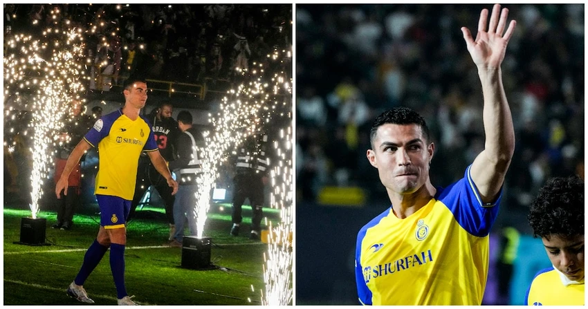 Ronaldo trong đêm ra mắt Al Nassr với bản hợp đồng đến giữa tháng 6-2025. Ảnh: GETTY. Ronaldo trong đêm ra mắt Al Nassr với bản hợp đồng đến giữa tháng 6-2025. Ảnh: GETTY.
