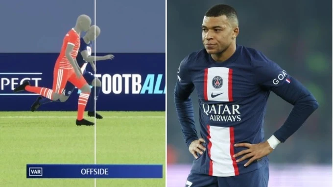Mbappe hai lần đưa bóng vào lưới Bayern nhưng VAR đều phán quyết anh rơi vào thế việt vị. Ảnh: GETTY.