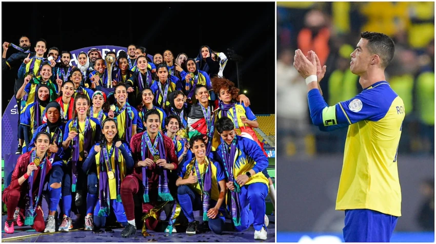 Ronaldo đã chia sẻ khoảnh khắc vui vẻ với đội bóng nữ Al Nassr tại sân tập của họ. Ảnh: GETTY. Ronaldo đã chia sẻ khoảnh khắc vui vẻ với đội bóng nữ Al Nassr tại sân tập của họ. Ảnh: GETTY.