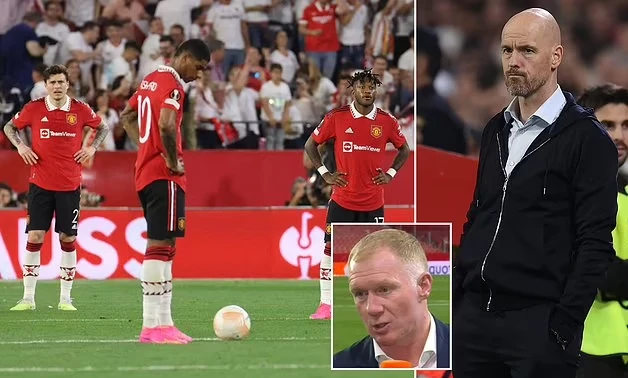 Cựu tiền vệ Man United Scholes chỉ trích thầy trò Ten Hag sau trận thua đậm đội kèo dưới Sevilla. Ảnh: GETTY. Cựu tiền vệ Man United Scholes chỉ trích thầy trò Ten Hag sau trận thua đậm đội kèo dưới Sevilla. Ảnh: GETTY.